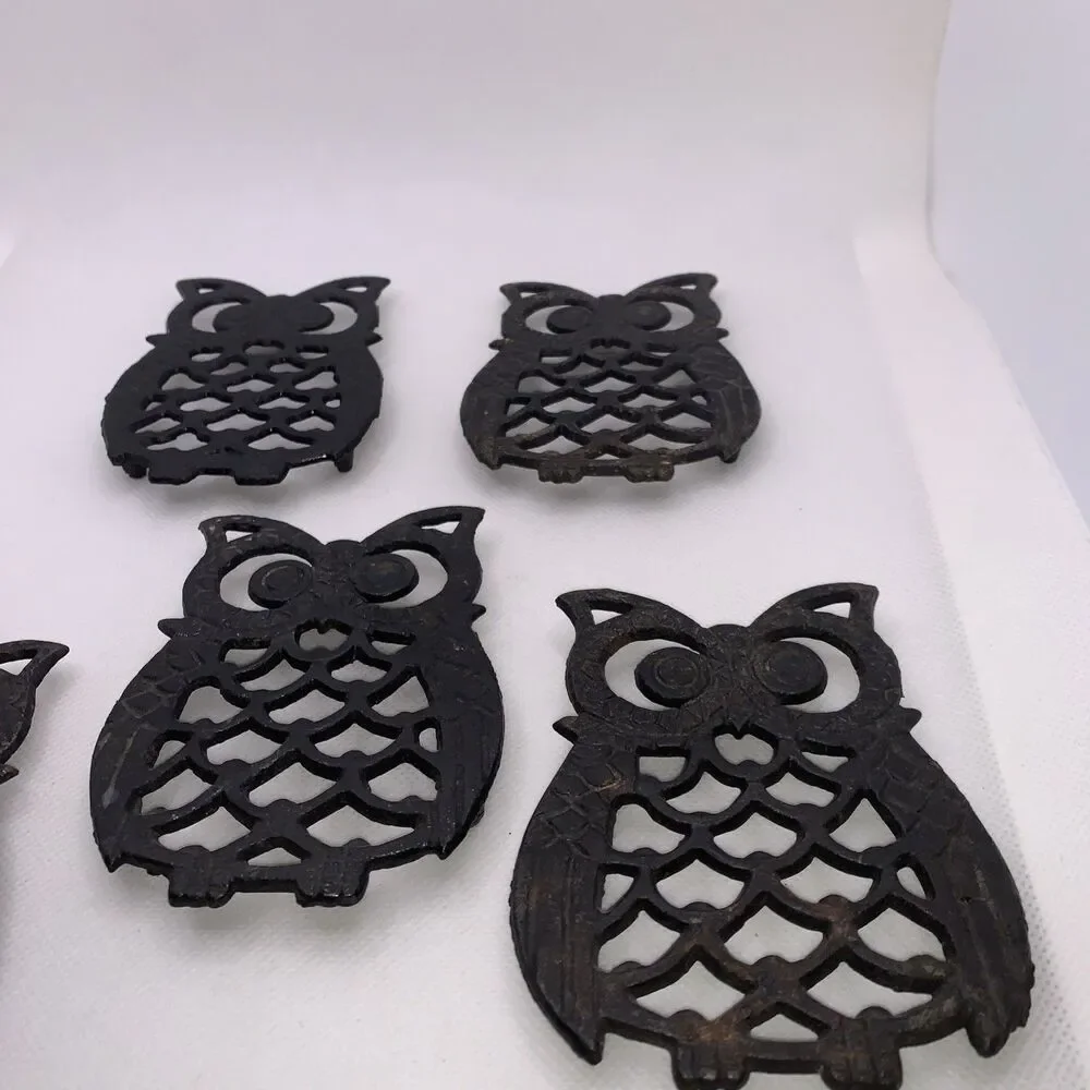 Lot of 5 Cast Iron Owl Trivets - Made In Taiwan